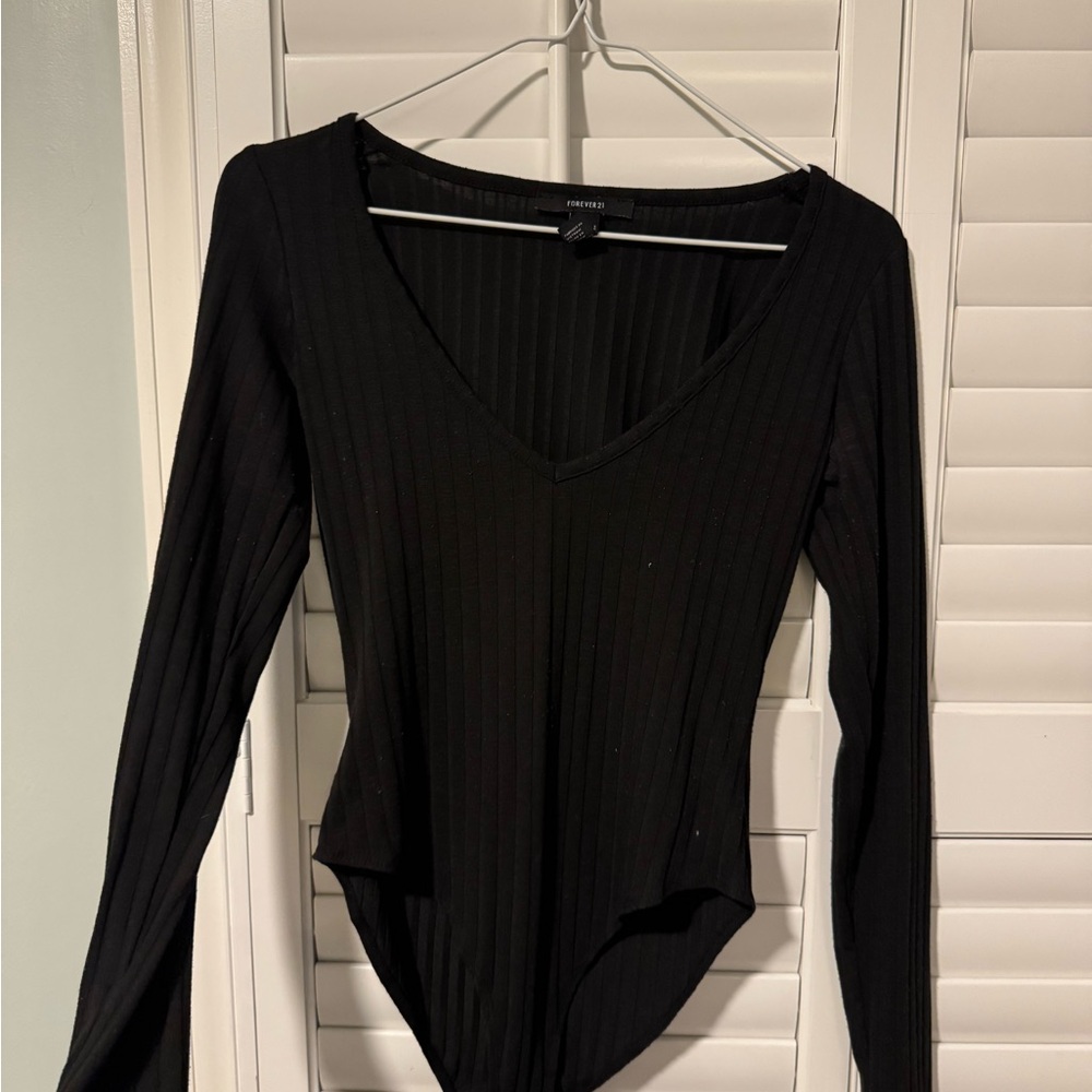 Forever 21 Black Ribbed V-Neck Bodysuit